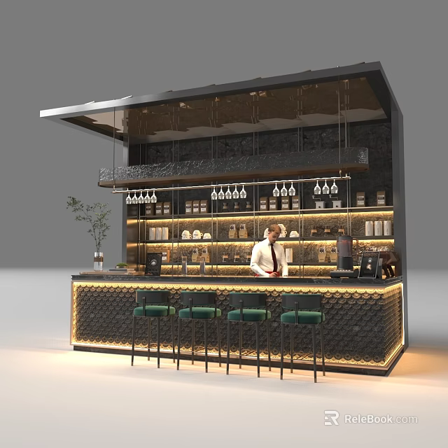 Modern Café Bar Interior with Green Stools Barista Hanging Lights and Cup Shelves 3d model 