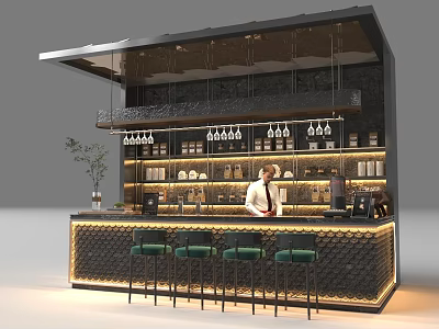 Modern Café Bar Interior with Green Stools Barista Hanging Lights and Cup Shelves 3d model