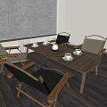 Modern Wooden Dining Table Set With Four Chairs Tea Cups And Lamp In Indoor Space