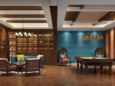 Elegant Wine Cellar Interior With Wooden Wine Racks Blue Walls Chandeliers Sofa And Billiard Table 3d model