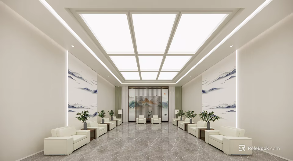 Elegant Front Desk Reception Area With Chinese Landscape Decor White Sofas Plants And Marble Floor 3d model 