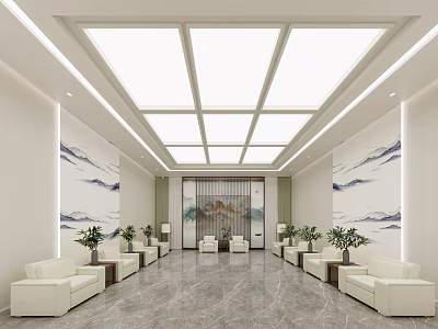 Elegant Front Desk Reception Area With Chinese Landscape Decor White Sofas Plants And Marble Floor 3d model