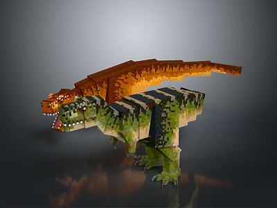 Pixel Character and Dinosaur Model with Colorful Green and Orange Blocks 3d model