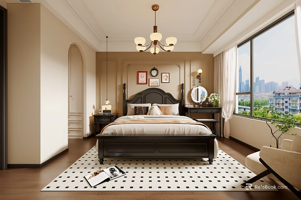 Elegant Bedroom with Dark Wooden Bed City View Window and Black White Rug Chandelier 3d model 