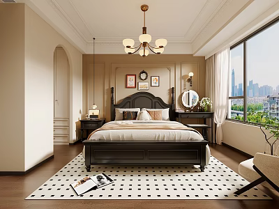 Elegant Bedroom with Dark Wooden Bed City View Window and Black White Rug Chandelier 3d model