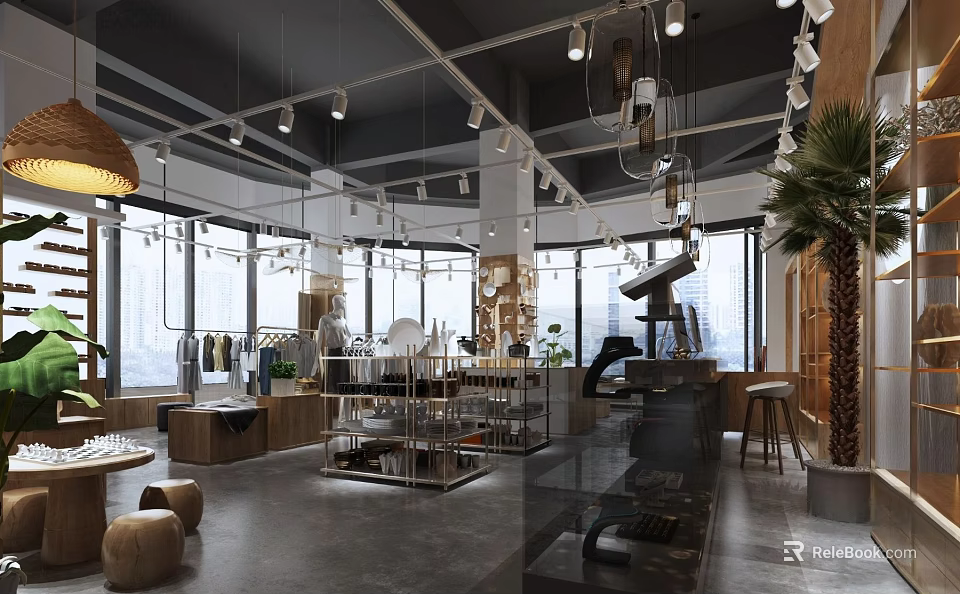 Modern Clothing Store Open Layout With Apparel Display Racks And Bright Lighting 3d model 