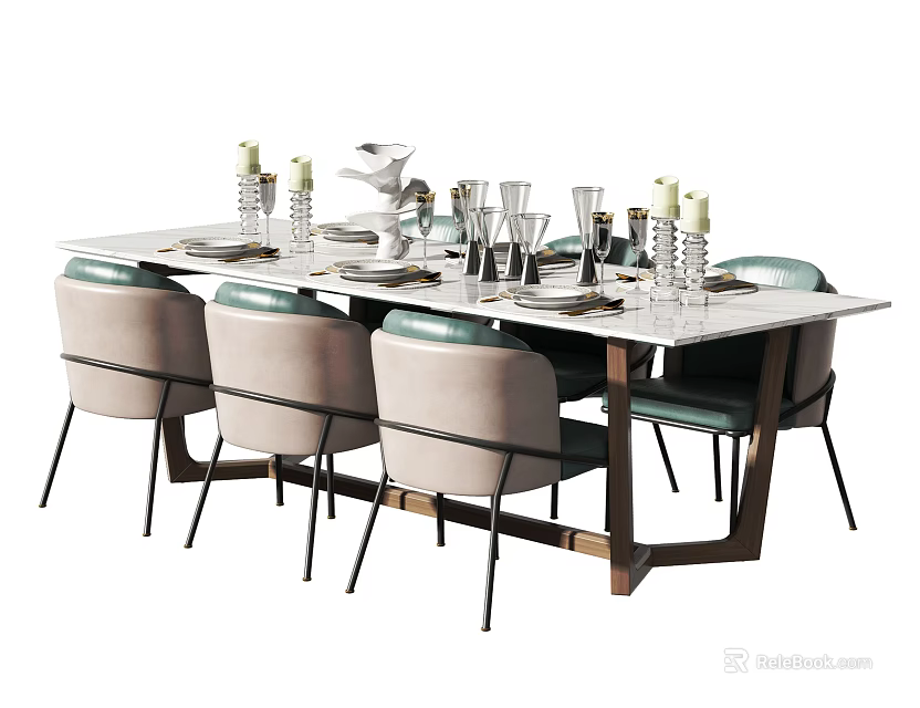 Elegant Modern Dining Table Set With Marble Top Upholstered Chairs Tableware And Candles 3d model