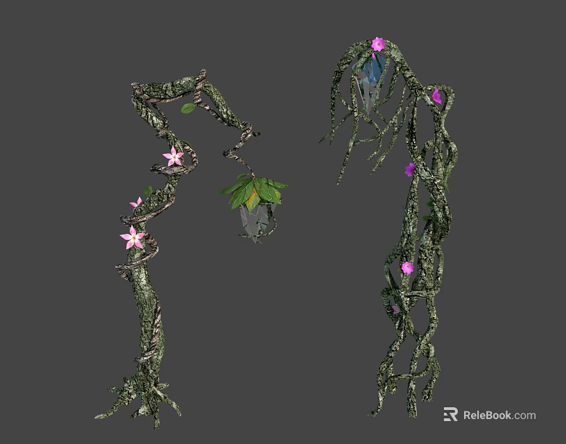 Lush Green Vines Adorned With Pink Flowers And Hanging Potted Plants 3d model 