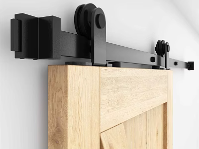 Black Sliding Barn Door Hardware Fitted On Light Oak Wooden Panel Door 3d model