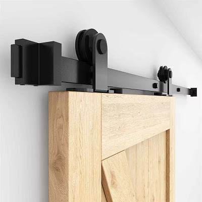 Black Sliding Barn Door Hardware Fitted On Light Oak Wooden Panel Door 3d model