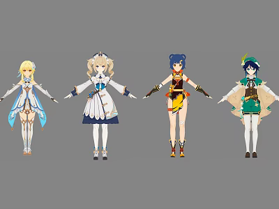 Four Anime Characters With Distinct Colorful Costumes And Detailed Outfit Designs 3d model
