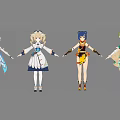 Four Anime Characters With Distinct Colorful Costumes And Detailed Outfit Designs