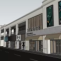 Modern Commercial Street With Storefronts Glass Facade Awning And Signages
