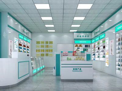 Modern Pharmacy Store Interior Design With Medicine Shelves And Counter 3d model