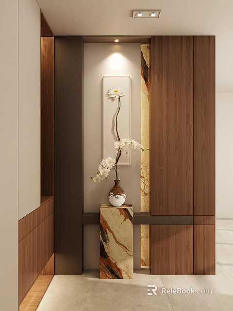 Entryway Hallway With Wooden And Marble Decor Vase Of White Orchid Flowers And Decorative Painting 3d model 