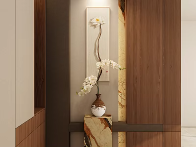 Entryway Hallway With Wooden And Marble Decor Vase Of White Orchid Flowers And Decorative Painting 3d model