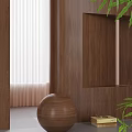 Warm Wooden Interior Design With Floor to Ceiling Curtains Spherical Decor Books and Green Plants