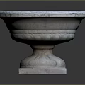Decorative Round Stone Planter With Carved Details And Soil Filled Interior