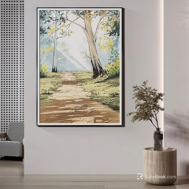 Serene Landscape Painting With Tree Lined Path Sunlight And Green Grass 3d model