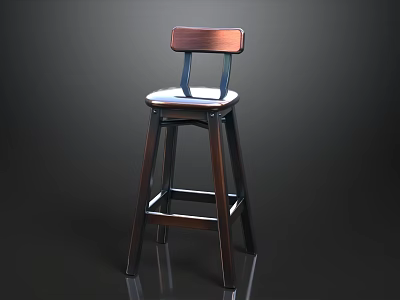 Wooden Bar Stool With Backrest Black Metal Frame And White Cushion 3d model
