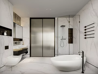 Modern Bathroom Interior With Marble Walls Bathtub Vanity Mirror And Shower Area 3d model
