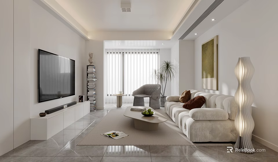Modern Living Room Design With White Sofa TV Unit Coffee Table And Large Window 3d model 