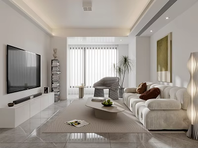 Modern Living Room Design With White Sofa TV Unit Coffee Table And Large Window 3d model