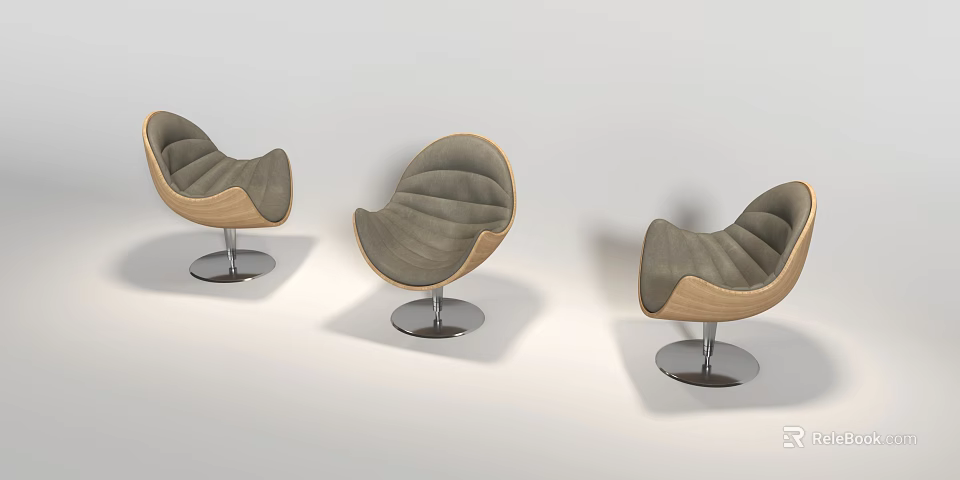 Modern Egg Shaped Leisure Chair With Wooden Frame Gray Fabric And Metal Swivel Base 3d model 