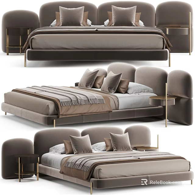 Elegant Modern Double Bed Interior With Grey Velvet Upholstered Metal Legs And Plush Pillows 3d model 