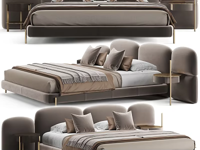 Elegant Modern Double Bed Interior With Grey Velvet Upholstered Metal Legs And Plush Pillows 3d model