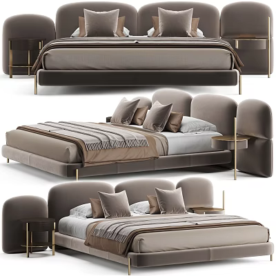 Elegant Modern Double Bed Interior With Grey Velvet Upholstered Metal Legs And Plush Pillows 3d model