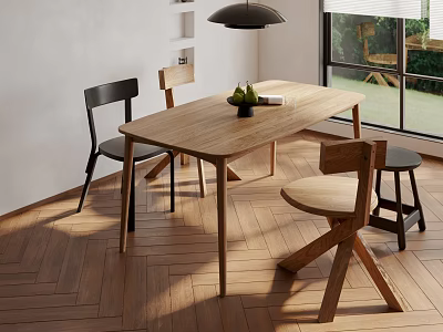 Wooden Dining Table Set With Black And Natural Wood Chairs In Bright Room 3d model