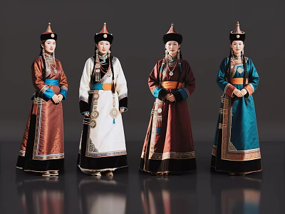 Four Women Wearing Traditional Colorful Costumes With Decorative Belts And Hats 3d model