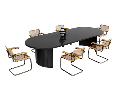 Black Oval Dining Table Set With Six Rattan Back Metal Frame Chairs And Decorative Vase 3d model