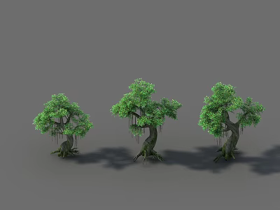 Three Lush Green Trees With Hanging Roots On Gray Background 3d model