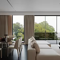 Modern Living Dining Room Interior With Beige Sofa Coffee Table Dining Chairs Large Windows Trees