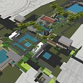 Serene Modern Courtyard With Pool Reflection Tall Buildings And Green Trees