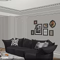 Elegant French Style Modern Living Room Black Soft Sofa And Round Marble Coffee Table Set