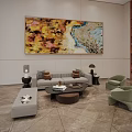 Modern Living Room Interior with Casual Sofa Set Coffee Table Armchairs and Decorative Painting