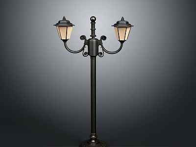 Classic Black Street Lamp With Double Illuminated Lanterns And Decorative Arms 3d model