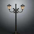 Classic Black Street Lamp With Double Illuminated Lanterns And Decorative Arms