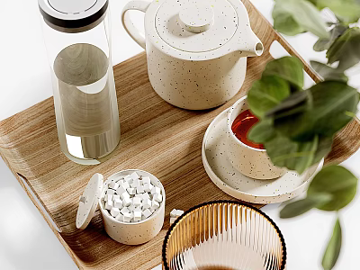 Elegant Tea Set with Teapot Teacup and Sugar Bowl on Wooden Tray with Green Leaves 3d model
