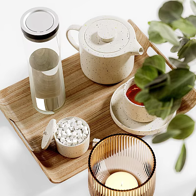 Elegant Tea Set with Teapot Teacup and Sugar Bowl on Wooden Tray with Green Leaves 3d model