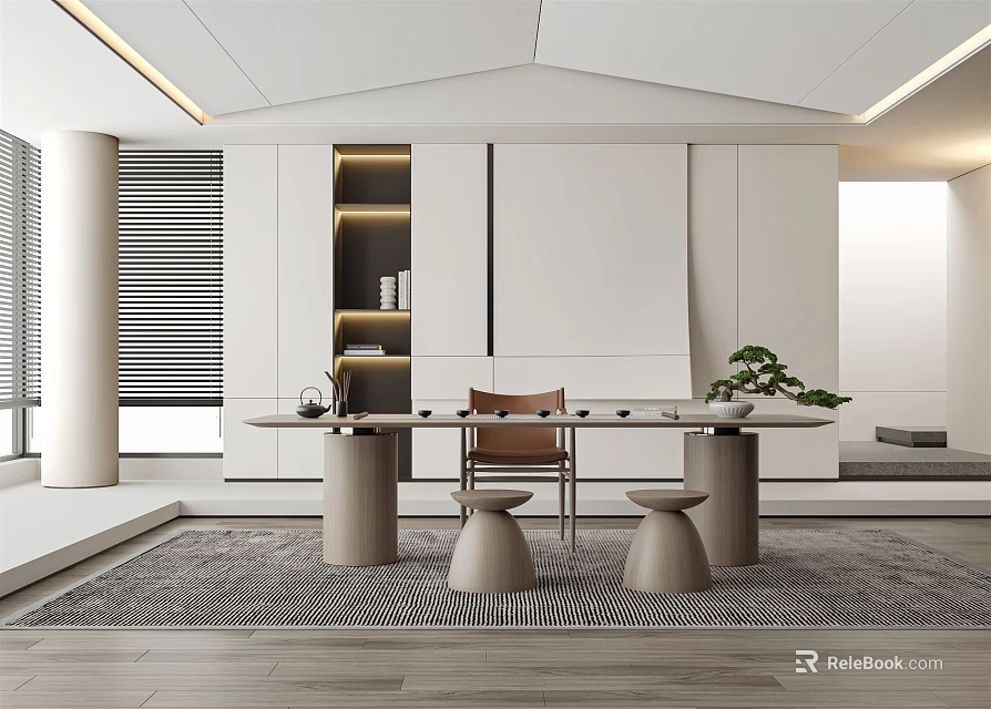 Modern Tea Room Interior Design With Tea Table Chairs Plant And Built In Cabinets 3d model 