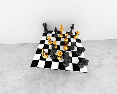 Classic Chess Entertainment with Black White Board and Gold Black Pieces on Gray Floor 3d model