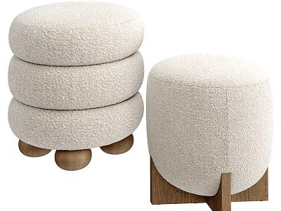 Modern Beige Upholstered Ottoman Stools with Wooden Legs and Stacked Design for Home Living Room 3d model