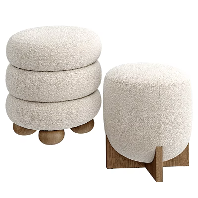 Modern Beige Upholstered Ottoman Stools with Wooden Legs and Stacked Design for Home Living Room 3d model