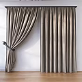 Gray Textured Curtains Partially Drawn With Curtain Rod And Tieback Against White Wall