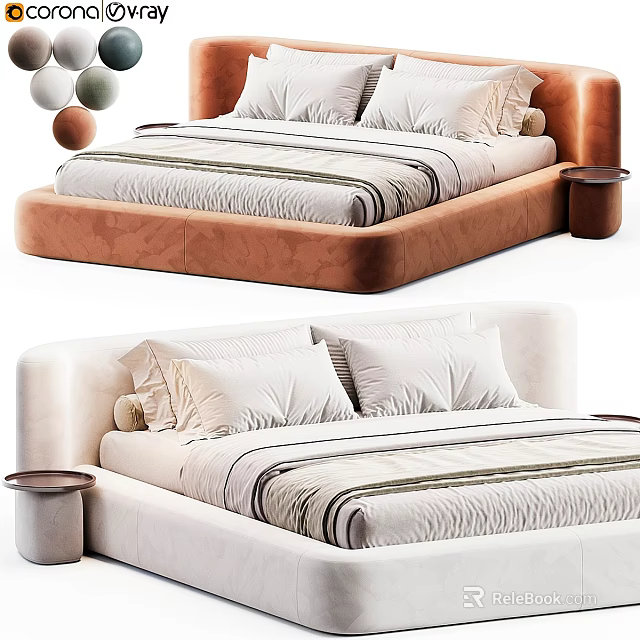 Modern Upholstered Double Bed With Striped Bed Linens Decorative Pillows And Round Side Table 3d model