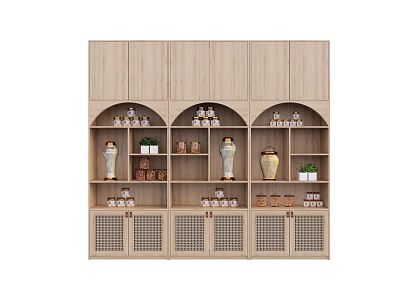 Wooden Decorative Cabinet With Multiple Shelves Doors Displaying Vases Small Plants And Decorative Items 3d model